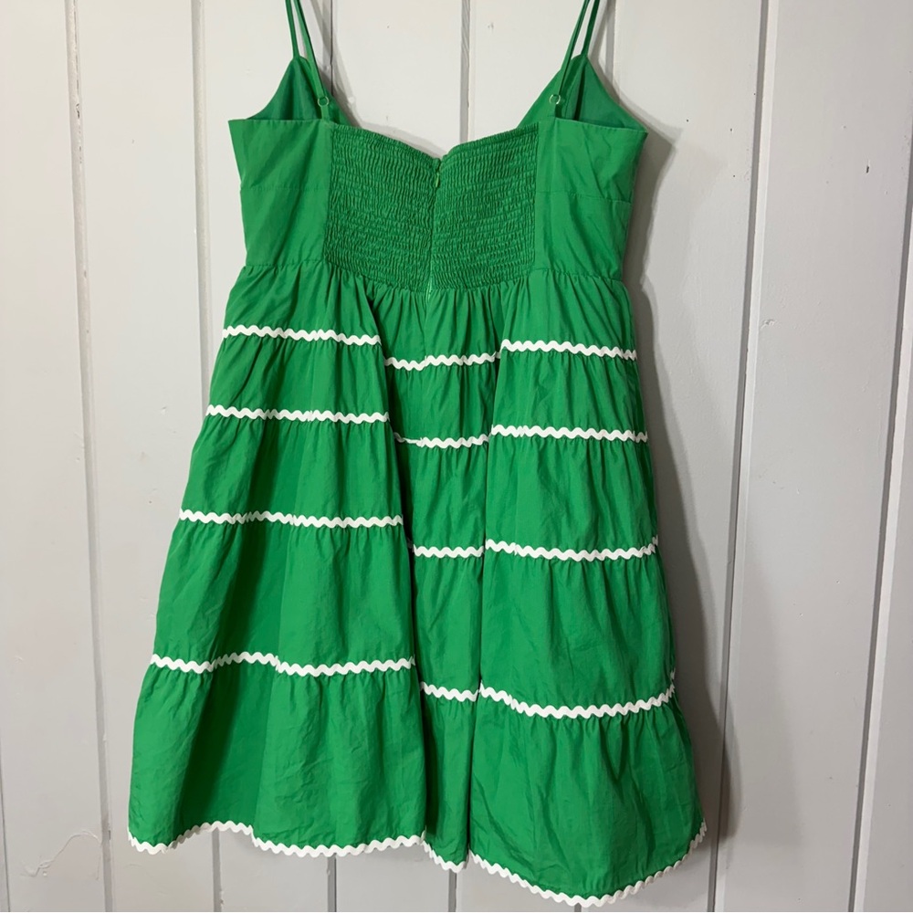 Moodie Green Babydoll Mini Dress Flare Ric Rac Trim Tie Front Smocked Back Large - Picture 12 of 15